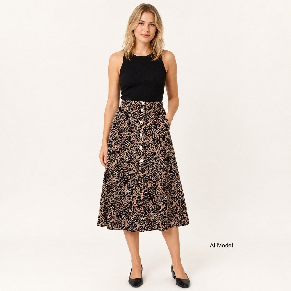 Wilfred Aritzia Amelie Leopard Print Midi‎ Skirt size 4 Button Front Statement